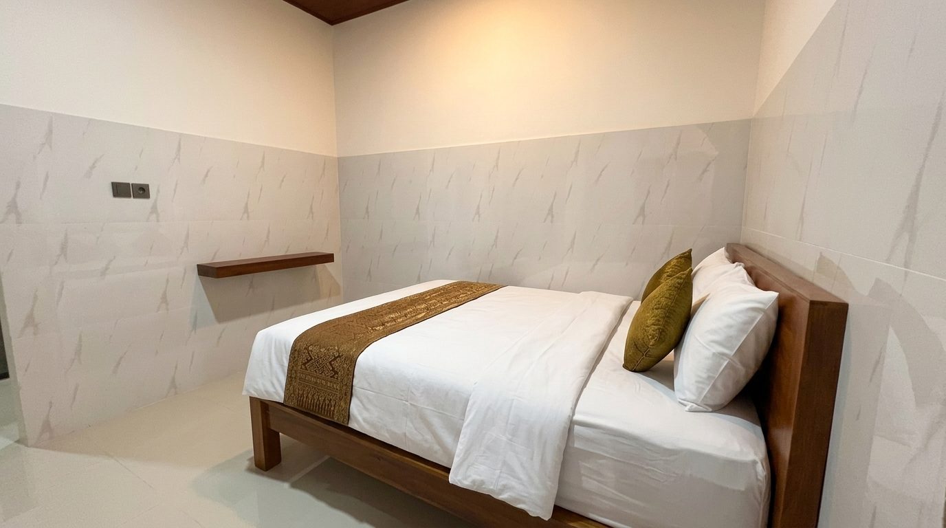 Kamar tidur Yka Residence Jimbaran, ilustrasi virtual staging dari foto asli: hanya sprei, bantal, dan runner songket yang ditambahkan